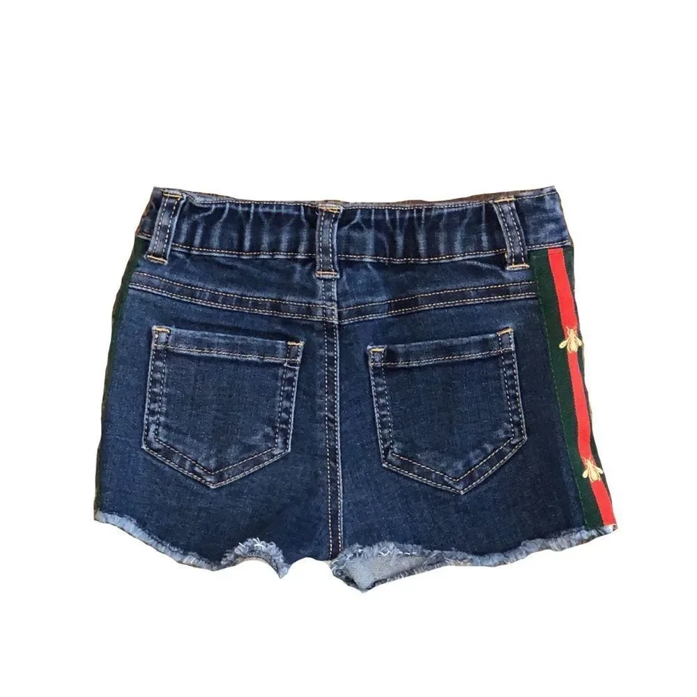 Toddler Denim Shorts W/ Green/Red Bee Side Ribbon - Picture 3 of 12